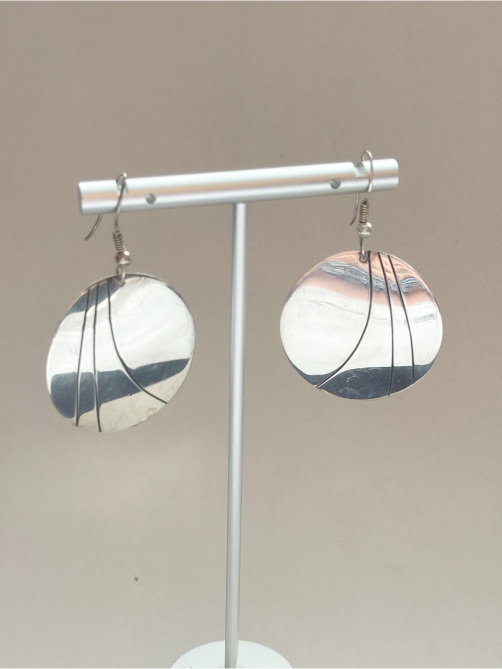 Signed Artisan Modernist Round Sterling Silver Engraved Earrings